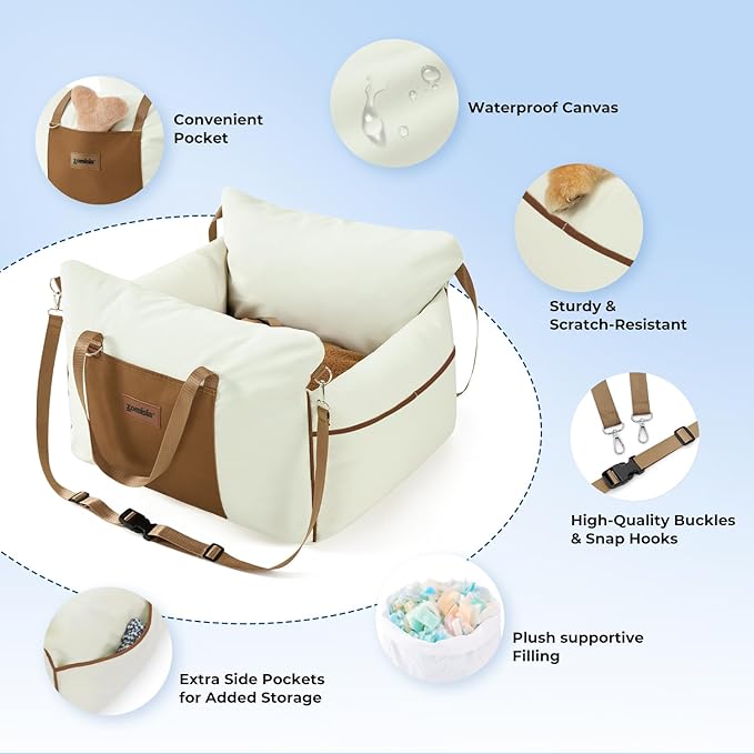 ZOMISIA Dog Car Seat for Small Dogs - Waterproof Pet Booster Seat for Car with Clip-On Safety Leash, Soft Travel Carrier for Puppy up to 25 lbs, Memory Foam Filling and 2 Adjustable Buckles, Beige