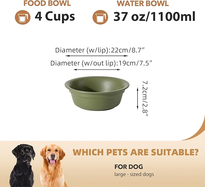 Ceramic 8.7inch Dog Bowl for Large Dogs, Basic 4 Cup Food or 37oz Water Bowl for Replacement, Wide Opening Rounded Edge(Single Bowls, Olive Green)