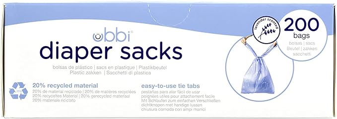 Ubbi Disposable Diaper Sacks, Lavender Scented, Easy-To-Tie Tabs, Diaper Disposal or Pet Waste Bags, 200 Count (Pack of 2)
