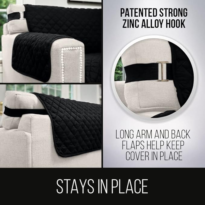 Sofa Shield Couch Slip Cover with Patented Strap, Cushion Protector, US Designed Reversible Stain and Dog Tear Resistant Slipcover, 62 inch Seat, Washable Covers for Dogs Pets, Black Gray
