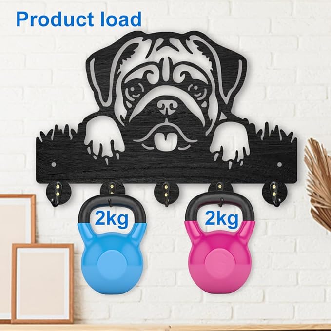 MAYJOYDIY Wood Pug Dog Coat Rack Dog Pet Key Holder for Wall 11.8×7.9inch Animal Wall Hook Rustic Decorative Dog Hook 5 Alloy Hooks for Gift Dog Leash Entryway Living Room Farmhouse