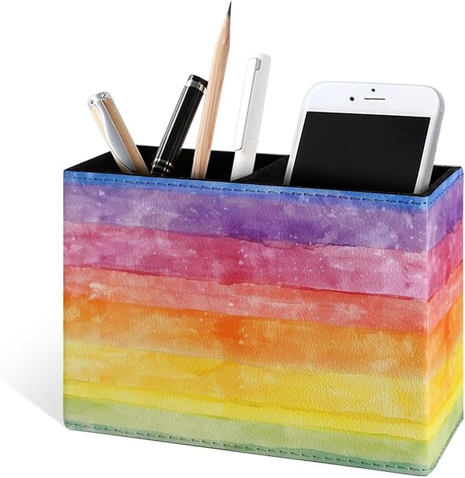 Famame Watercolor Grandient Rainbow Pencil Holder for Desk, Leather Desktop Container Pen Cup Storage Study Table Pen Organizer Makeup Brush Holder for Classroom Office Home