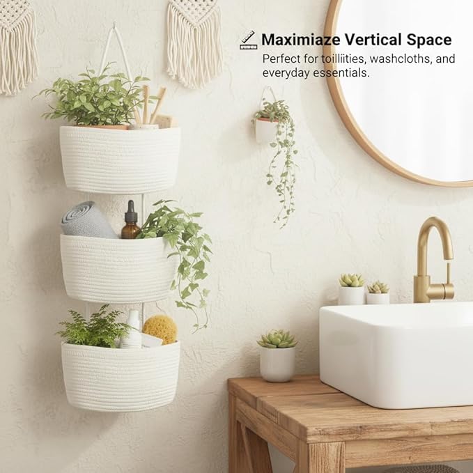 Over the Door Hanging Basket, Decorative Hanging Basket Storage, Organizing, Wall Basket Decorative Boho Decor for Nursery, Bedroom, Living Room with 4 Hooks, Whte