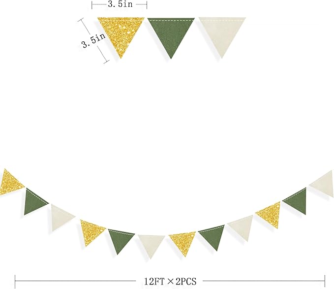 Sage Green Gold Party Decorations Oilve Green Beige Gold Glitter Felt Triangle Mini Banner Bunting Pennant Flag for Baby Shower Birthday Wedding Jungle Woodland Safari Party Nursery Classroom Decor