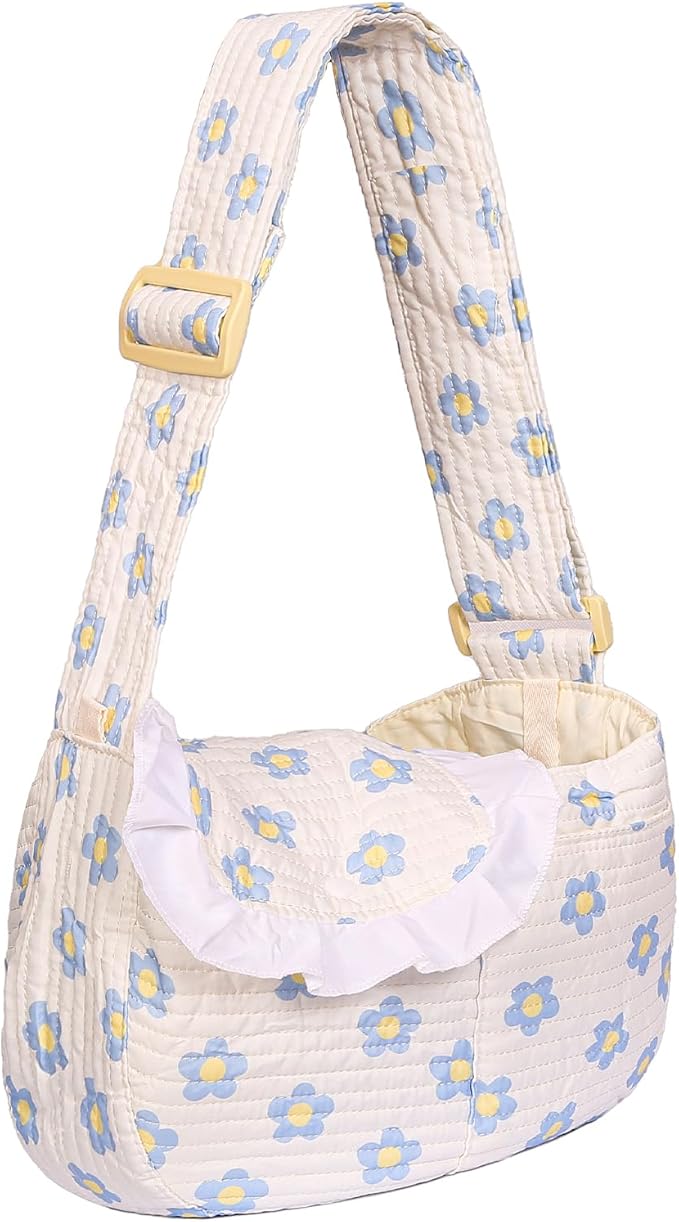 Floral Print Pet Carrier Bag for Small Dogs and Cats, Carry 5-15 Lbs Pet Purse, Hands-Free Design Pet Bags(Blue Floral, Small)