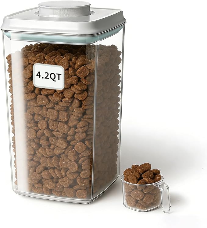 EQI Dog Food Storage Container with One-Touch Lid, 4.22 QT / 4.0 L BPA-Free Cat Food Storage Container，Stackable Durable PET with 130ml Scoop, for Kibble, Treats, and Precise Feeding