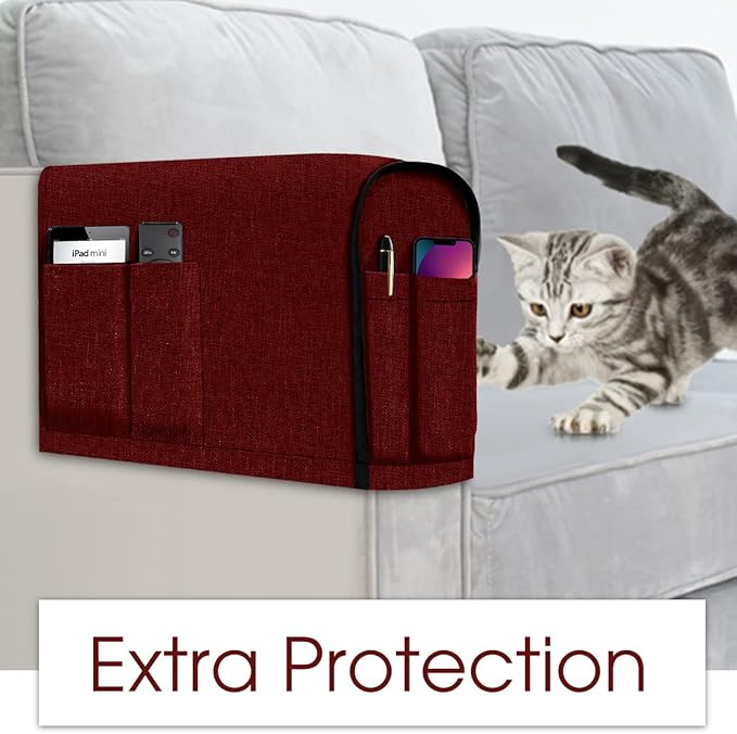 Joywell Linen Armchair Covers for Living Room Anti-Slip Sofa Arm Protector for Dogs, Cats, Pets Armchair Slipcover for Recliner with 4 Pockets for TV Remote Control, Phone, Set of 2, Burgundy