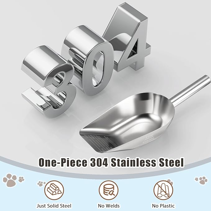 Dog-Cat Food Scoop 3/4 Cup / 6oz, Aloxina Thickened 304 Stainless Steel Pet Food Scoop with Long Handle, Precision Scale, Easy to Clean, Suitable for Wet and Dry Food