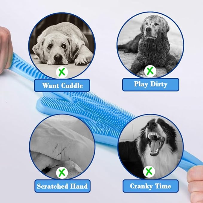 Pet Grooming Gloves Pet Hair Remover Cat, Dog Washing Gloves Silicone Heat Resistant Cleaning Gloves with High-Density Teeth Grooming Gloves for Dogs, Cats, Horses (2 Pairs - Blue & Gray)