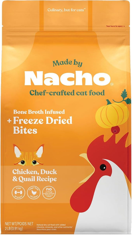 Made by Nacho Dry Cat Kibble 2lb Bag, High Protein Premium Cat Food with Freeze-Dried Pieces, Cage-Free Chicken, Duck & Quail, Limited Ingredients, Single Bag