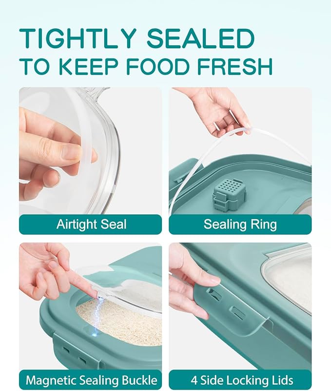 DDMOMMY 20-30 Lbs Rice Storage Container,Collapsible Food Storage Containers with Rolling Wheel Airtight Locking Lid,Flour Storage Container with Cup and Scoop,Suitable for Food,Rice,Pet Food,Flour