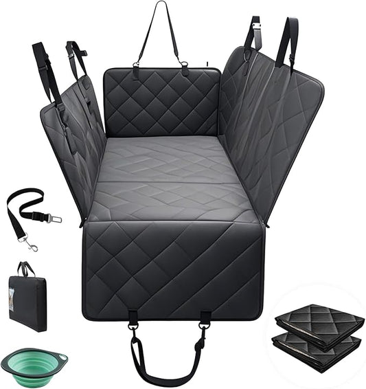 ISAGAPOY Back Seat Extender for Dogs - Large Space, Hard Bottom Pet Car Seat Cover (Holds 400lbs) with Removable Soft Blankets & Travel Portable Dog Bowl, Waterproof Dog Hammock for Trucks