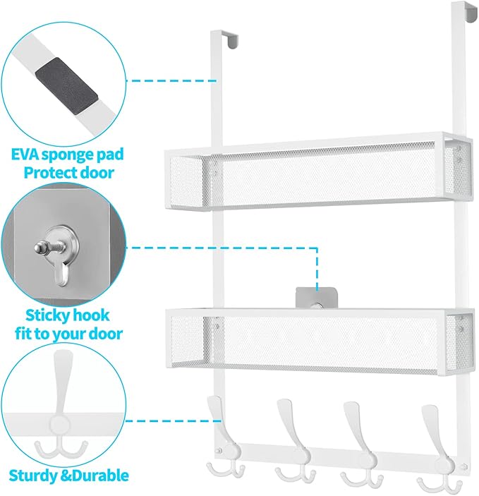 Over The Door Hooks Organizer,Coat Rack with 12 Hooks and 2 Mesh Baskets,Back of Door Storage Organizer for Bathroom,Bedroom,Kitchen,Office(White)
