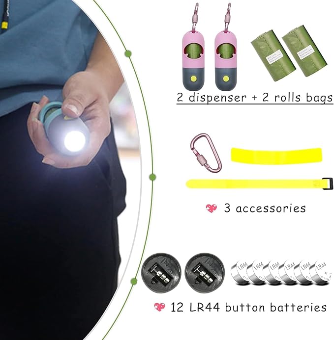 Morn Light 2 Pack Poop Bag Holder with Flashlight Waste Bag Dispenser for Leash with Clip and Battery Poop Bag Dispenser with Green Scented Poop Bags for Dog Walking(Pink,2 Dispenser 60 Bags)