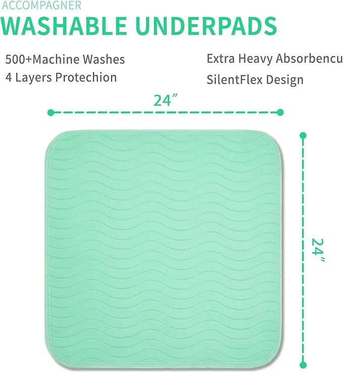 Accompagner Waterproof Reusable for Adults and Pets Washable Pee Pads for Dogs Changing Pad Large Dog Bed Size Adults Incontinence Bed Pads - Non-Slip Leak-Proof (Green, 24"x24"(Pack of 4))