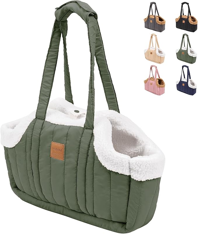 ETIAL Small Dog Carrier Purse, Winter Fleece Warm Dog Tote Bag Carrier with Secure Harness Clip for Puppy Kitten, Waterproof Pet Travel Handbag for Shopping, Hiking and Walking (Green)