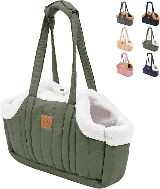 ETIAL Small Dog Carrier Purse, Winter Fleece Warm Dog Tote Bag Carrier with Secure Harness Clip for Puppy Kitten, Waterproof Pet Travel Handbag for Shopping, Hiking and Walking (Green)