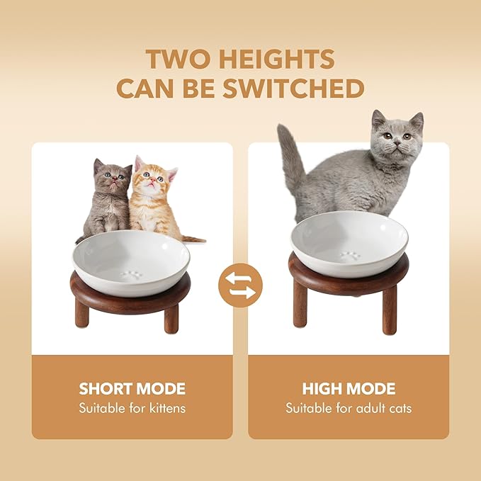 2 Sets of Elevated Ceramic Paw Print Cat Dish, Wide Whisker Friendly Anti-Slip Food & Water Bowl with 2 Heights Adjustable Acacia Wooden Stands(2 Dishes +2 Stands, White)