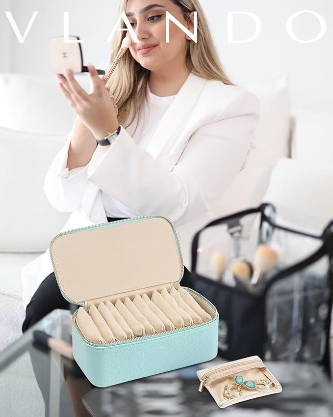 Vlando Jewelry Travel Case,Travel Jewelry Organizer with Clear Velvet Jewelry Bags 12Pcs Zipper Pouch for Women Girl Trendy Stuff Gift-Lake Blue