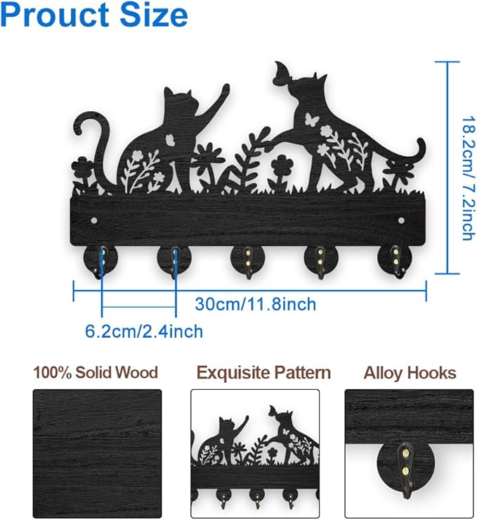 MAYJOYDIY Cat Butterfly Flower Coat Hooks Wall Mount Floral Cat Wood Key Holder for Wall 11.8×7.2inch Black Animal Wall Art Decor Key Hooks 5 Alloy Hooks for Gift Entryway Living Room Kitchen Office