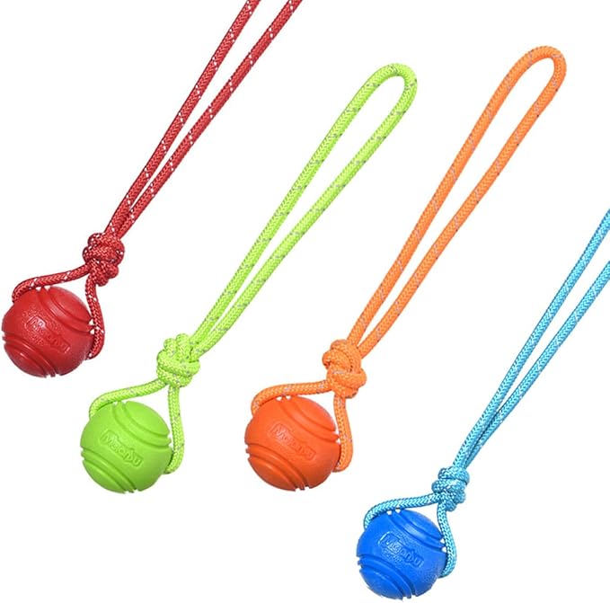 Dog Training Ball on A Rope Rubber Dog Rope Toys Ball with Handle for Tug of War K9 Training Rewards for Belgian Malinois Gifts, 6cm in Diameter for Medium Dogs 30-60 Lbs, Pack of 4