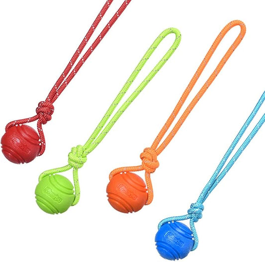 Dog Training Ball on A Rope Rubber Dog Rope Toys Ball with Handle for Tug of War K9 Training Rewards for Belgian Malinois Gifts, 6cm in Diameter for Medium Dogs 30-60 Lbs, Pack of 4
