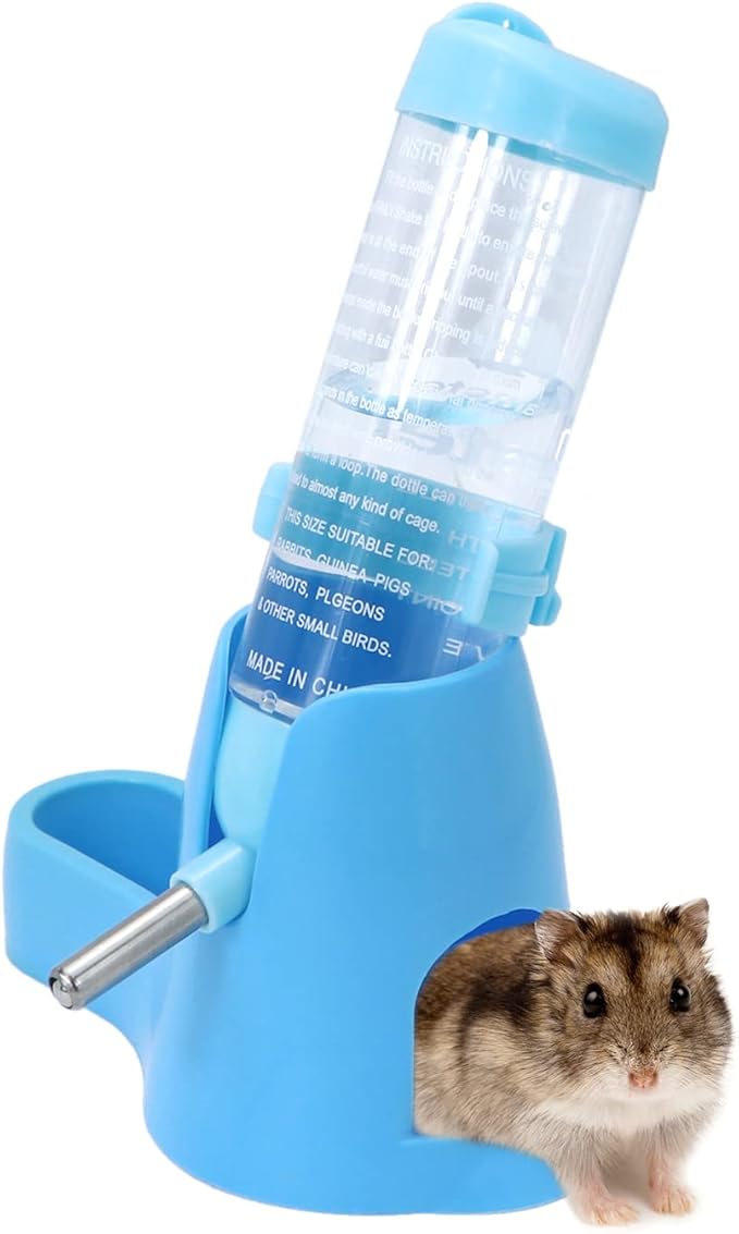 Wontee 3 in 1 Hamster Water Bottle Small Pet Automatic Water Dispenser with Food Container Base Hideout for Dwarf Hamster Mice Gerbils, 2 Pack (Blue, 125ML)