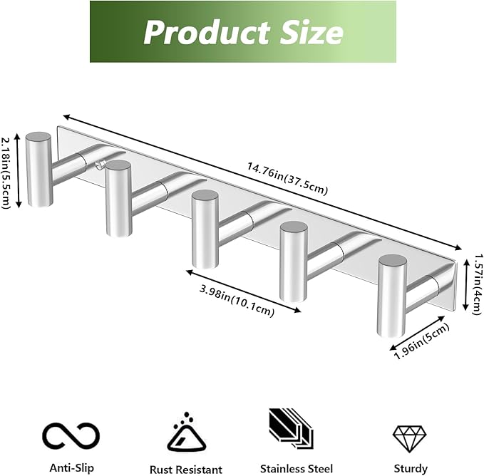 VINHOLD Wall Mounted Coat Rack-5 Hooks, Heavy Duty Stainless Steel Wall Hooks for Towel Coat Bag, Hat Rack Coat Hanger Coat Hooks Towel Racks for Bathroom Entryway Kitchen Hotel (Glossy, 1 Pack)