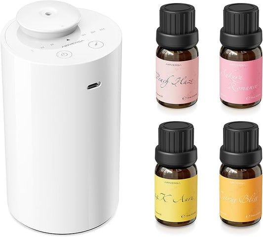 Airversa Waterless Essential Oil Diffuser Starter Kit with 4 x 10mL Fragrance Scent Oil, Battery Operated Mini Scent Air Machine Portable Diffuser for Home Car Office, AN6 White Kit01