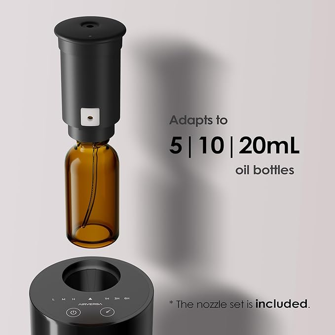 Airversa Waterless Diffuser for Essential Oil, Battery Operated Nebulizer, 0.7 Fl.Oz./ 20mL Capacity, Mini Scent Air Machine, 3 Countdown Timers & 3 Mist Levels for Home, Room, Car, Office - AN6 Black