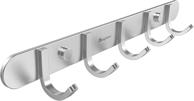 Sagmoc Coat Hook Rail Brushed Nickel 14-inch Towel Rack Wall Mounted with 5 Hooks/Durable Coat Hangers for Bedroom, Bathroom, Foyer, Hallway/304Stainless Steel/Easy to Install/Rust and Water Proof