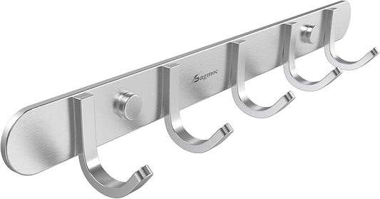 Sagmoc Coat Hook Rail Brushed Nickel 14-inch Towel Rack Wall Mounted with 5 Hooks/Durable Coat Hangers for Bedroom, Bathroom, Foyer, Hallway/304Stainless Steel/Easy to Install/Rust and Water Proof