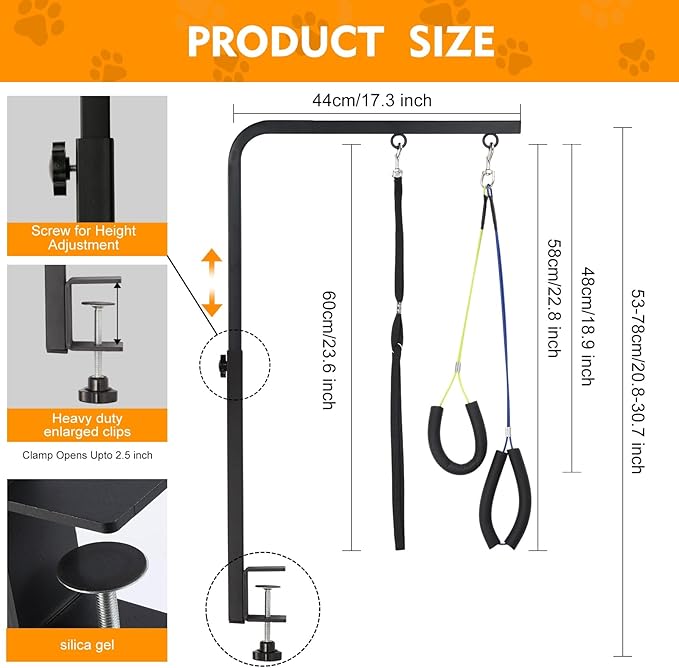 Dog Grooming Arm, Adjustable Pet Grooming Arm with Clamp for Small and Medium Dogs,Grooming Loop and No Sit Haunch Holder (Black, 29" H Arm + Heavy Duty Clamp + Hammock)