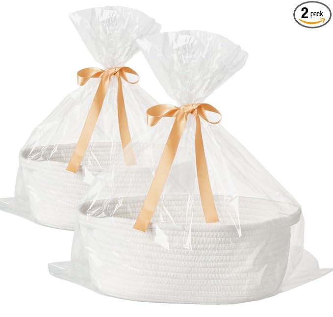 Small Woven Gift Basket Empty with Bag & Ribbon - Gifts for Mom, Baby Shower, Birthdays & Raffle - Cotton Rope Storage Basket for Dog Toys or Shelf - 12"x8"x5", Easter White, 2 Packs