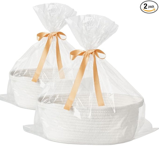 Small Woven Gift Basket Empty with Bag & Ribbon - Gifts for Mom, Baby Shower, Birthdays & Raffle - Cotton Rope Storage Basket for Dog Toys or Shelf - 12"x8"x5", Easter White, 2 Packs