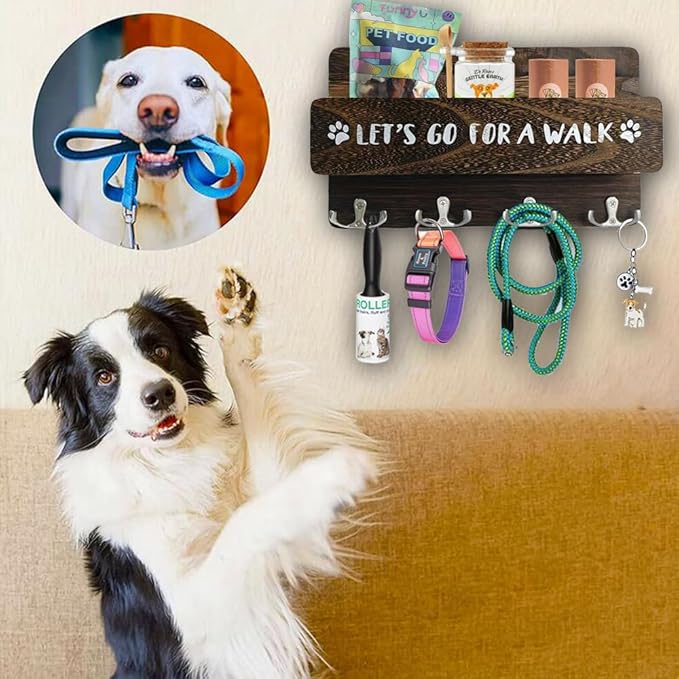 Wood Dog Leash Holder for Wall, Key Hangers with 4 Double Key Hooks, Dog Leash Hanger Wall Mounted for Entryway, Farmhouse Treats,30cm, Brown