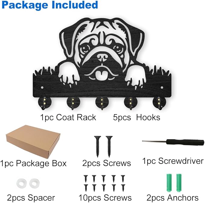 MAYJOYDIY Wood Pug Dog Coat Rack Dog Pet Key Holder for Wall 11.8×7.9inch Animal Wall Hook Rustic Decorative Dog Hook 5 Alloy Hooks for Gift Dog Leash Entryway Living Room Farmhouse