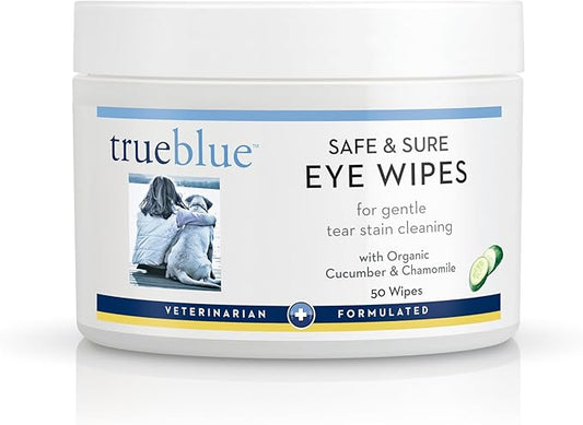 TrueBlue Cucumber & Chamomile Safe and Sure Dog Eye Wipes – Pre-Moistened Textured Pads for Tear Stain Eye Cleaning – Cleansing Eye Wipe for Dogs, Puppies – Non-Toxic, All-Natural – 50 Count