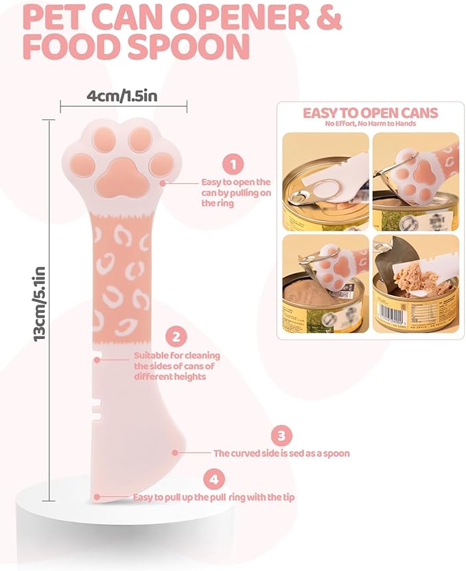 Aecsze 5 PCS Cat Food Can Covers Lids Set - Cute Paw Design Pet Cans Lids Covers with Can Opener, Wet Food Spoon & Cat Treat Squeeze Spoon for Cats, Dogs (Pink)