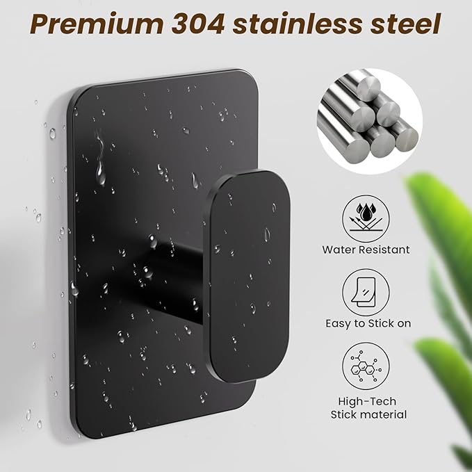 Heavy Duty Self Adhesive Hooks - 26lb Max, Sticky Wall Hooks Stainless Steel for Hanging Towel, Coat, Robe, Waterproof & Rustproof Hooks Stick on Bathroom, Shower, Kitchen (Black, 4 Pack)