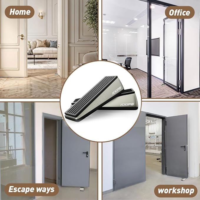 2 Pack Large Big Door Stopper Wedge - Heavy Duty Door Stoppers Stop Wedge Made of Premium Quality Brushed Stainless Steel, Wall Protector for Home & School with Self Adhesive Holder Satin Nickel