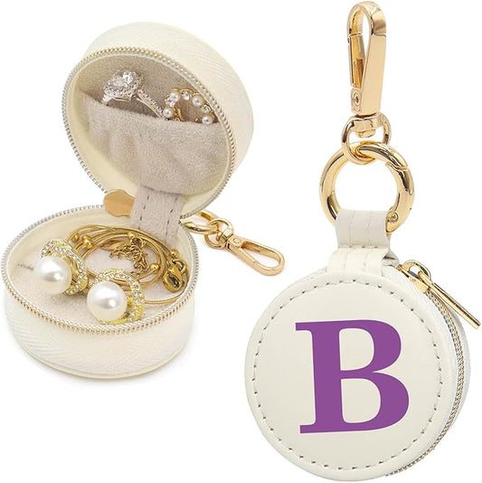 Mini Initial Travel Jewelry Case Ring Holder, Beige Faux Leather Small Jewelry Organizer Box Gifts for Women Girls Nurse Teacher, Gym Travel Accessories Keychain Pouch for Earrings Rings Necklace B