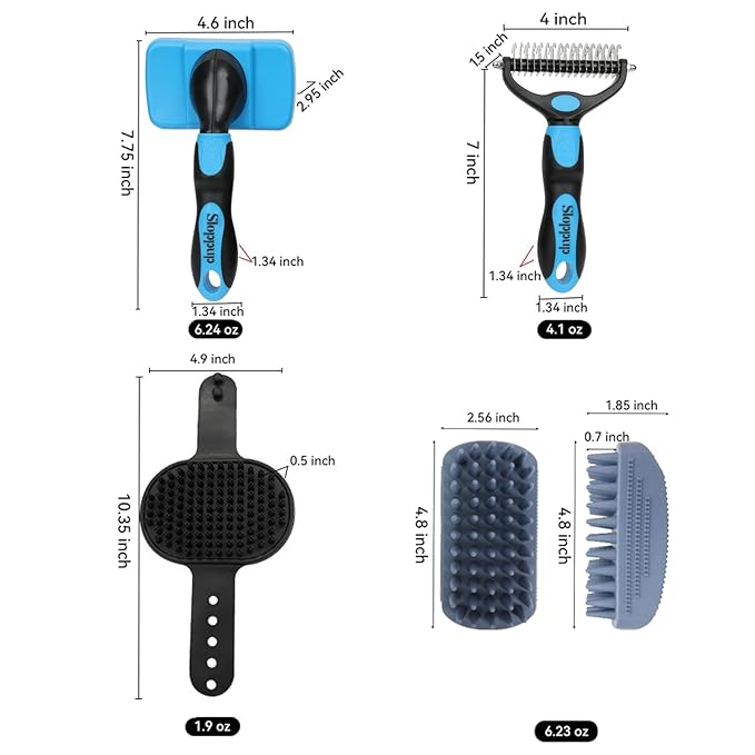 PETIMP STORE Dog Brush Kit for Grooming Short & Long Haired Dogs & Cats, 4-in-1 Pet Grooming Set with Self-Cleaning Slicker Brush, Deshedding Tool, Shampoo Bath Comb, Massge Comb (Blue Black)