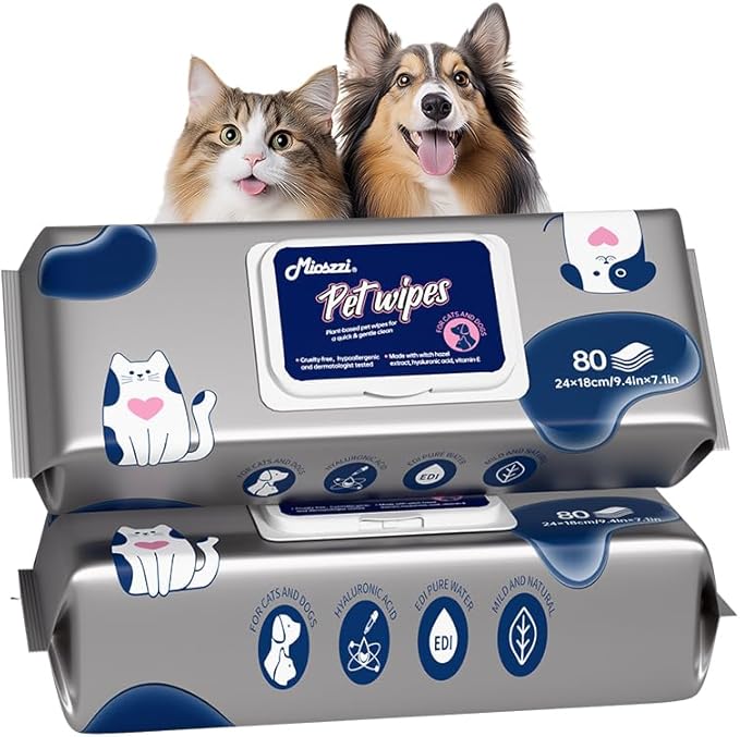 MIOSSZI Pet Cleaning Deodorizing Wipes for Dogs & Cats Pet No-Rinse Grooming Wipes Hypoallergenic Disposable Pet Bathing Wipes Hydrating & Nourish Fur Dog Cleaning Wipes for Paw, Butt, Body 160 pcs
