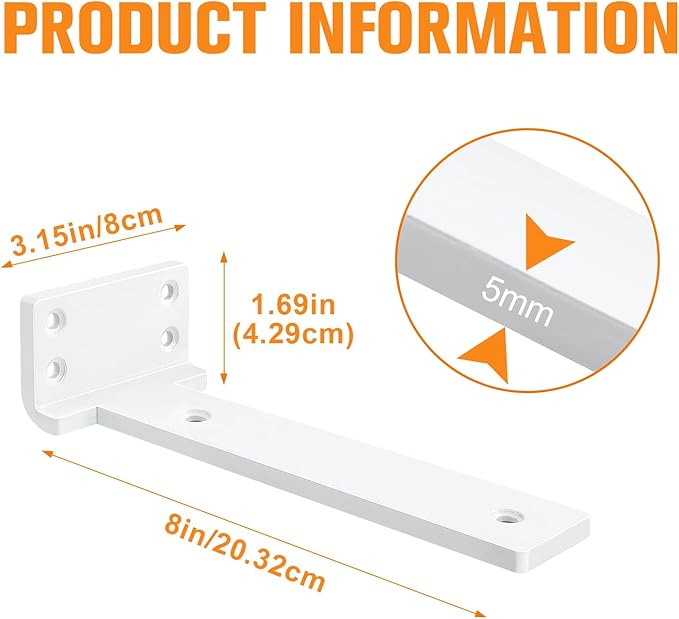 Floating Shelf Brackets 8 inch 4 Pack L Brackets for Shelves White Metal Heavy Duty Shelf Bracket for DIY Decorative with Mounting Hardware