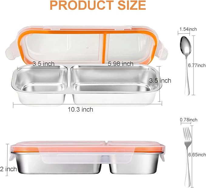 1PC 2 Compartment Grab and Go Snack Containers with Spoon Fork, Reusable Stainless Steel Snack Containers with Lids, Double Compartment Condiment Container for Travel and Outdoor Camping (1)