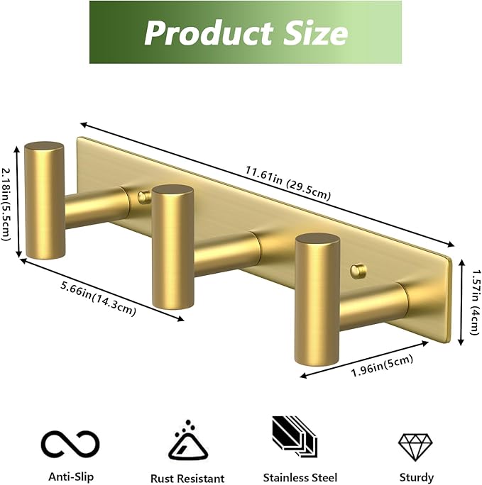 VINHOLD Wall Mounted Coat Rack-3 Hooks, Heavy Duty Stainless Steel Wall Hooks for Towel Coat Bag, Hat Rack Coat Hanger Coat Hooks Towel Racks for Bathroom Entryway Kitchen Hotel Office (Gold,1 Pack)