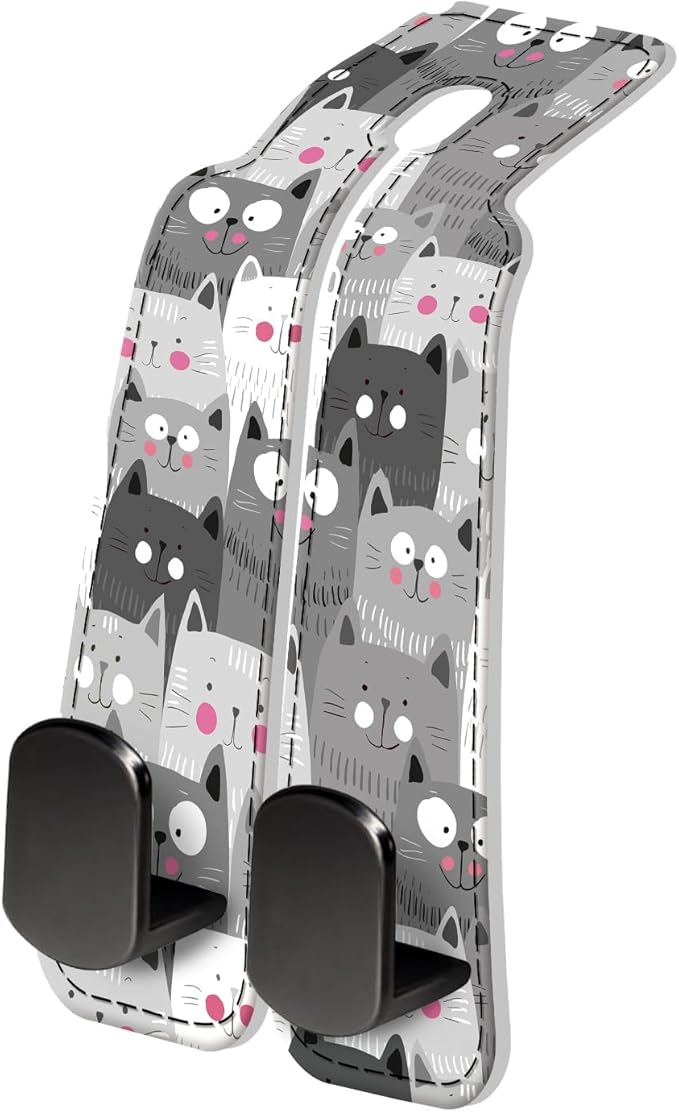 PU Leather Car Seat Hook, Storage Headrest Hanger, Cute Car Backseat Organizer, Car Hooks For Purses and Bags Grey Cartoon Cats