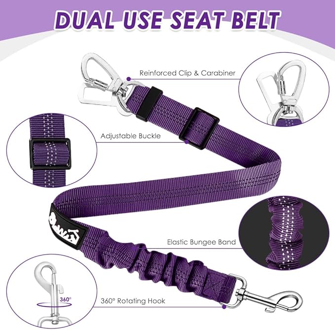 Lukovee Dog Seat Belt - Adjustable Dog Car Harness for Large, Medium, Small Dogs - Soft Padded & Breathable Mesh Dog Seatbelt with Vehicle Connector Strap (Purple Double Clip, X-Small)