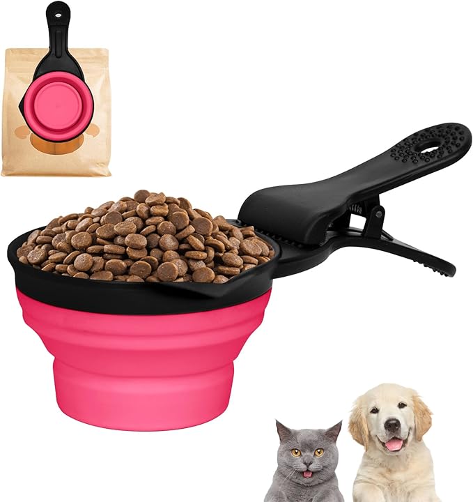 PNEUICALLY Collapsible Dog Food Scoop Foldable Pet Food Bag Clip 3 in 1 Multi-function Silicone Cat Food Measuring Cup Scoop Dog Food Scooper Pet Food Storage Clip (Rose Red, 1 Cup Capacity(1 Pack))